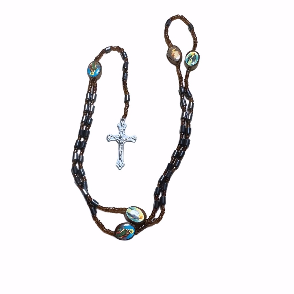 Catholic Rosary Brown Beads & Healing Magnets, Silver Cross, Saints, Hematite